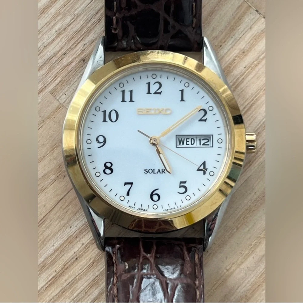 Seiko Solar Men’s Watch Two-Tone Case White Dial Brown Leather Strap Date Window